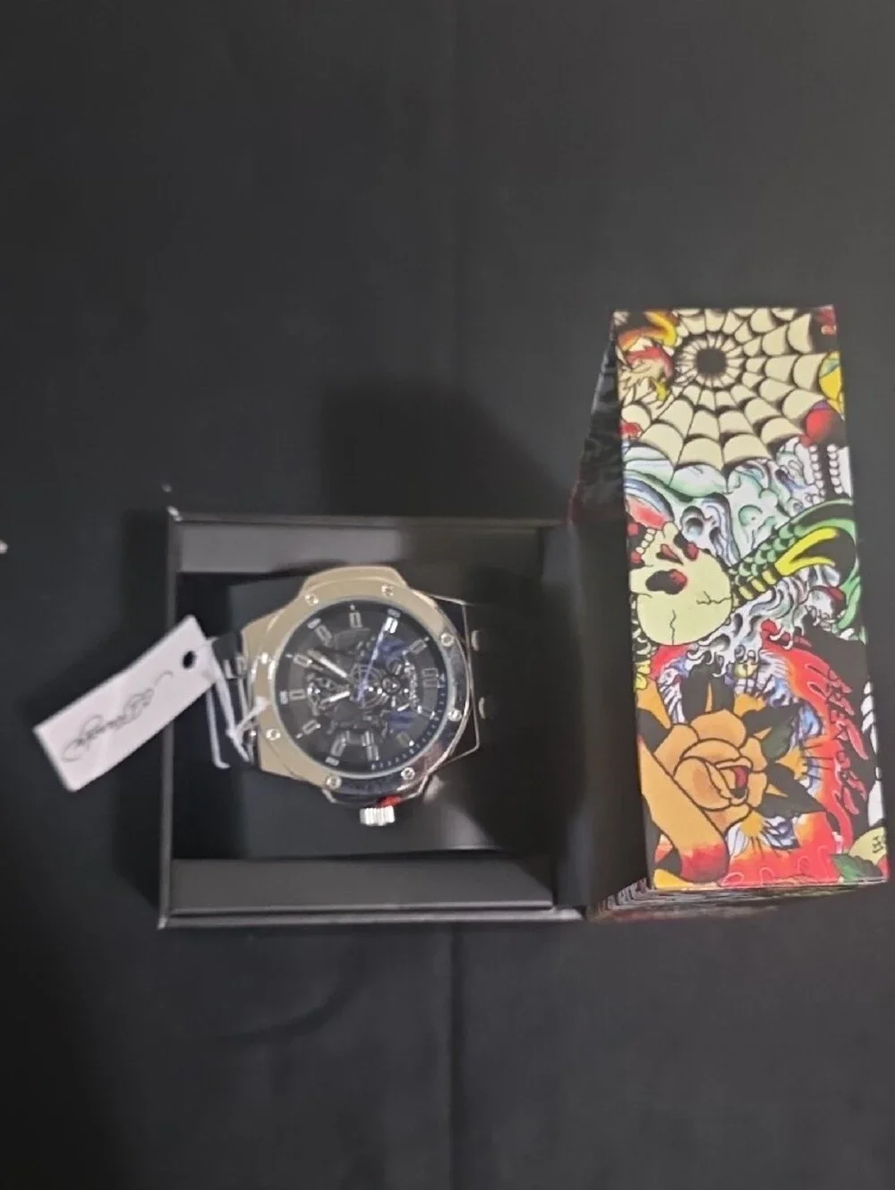 Ed Hardy Men's Silver Case Watch with Black Dial and Black Strap